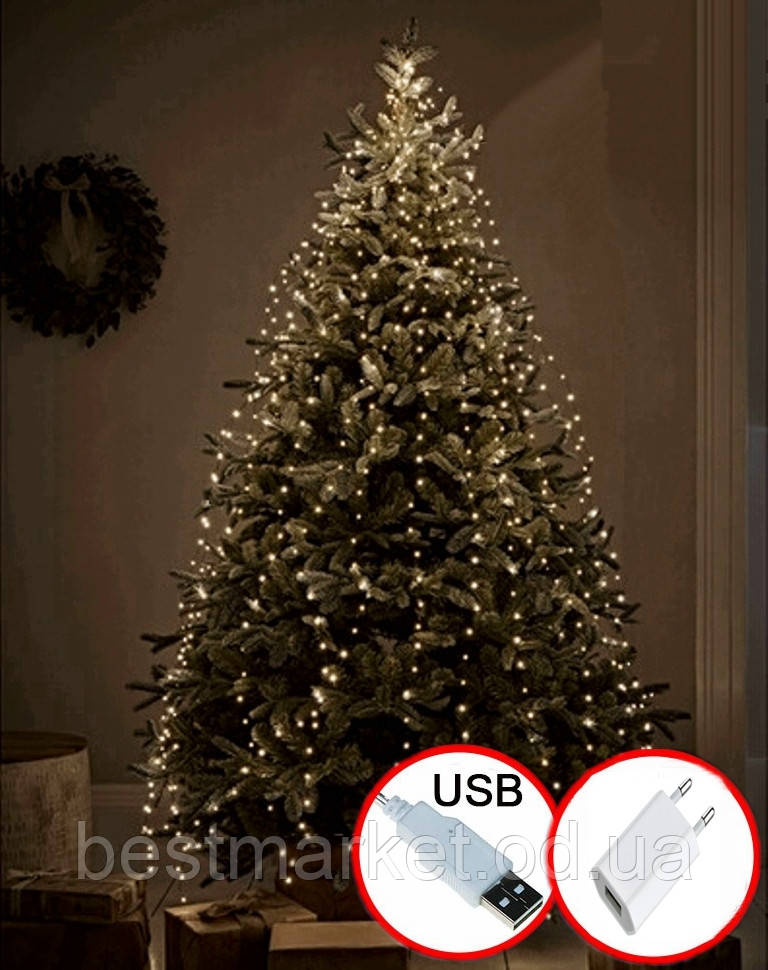 Гірлянда Кінський Хвіст 500 Led 20 Ниток 2 м Теплий Білий USB + Адаптер
