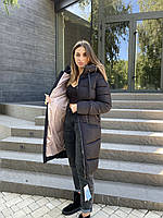 Дутый теплый женский зимний пуховик пальто Чорний з бежевим, 42