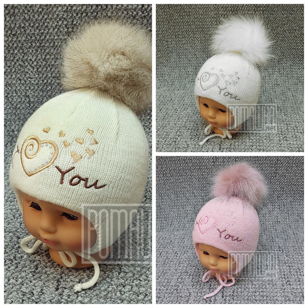 46-48 9-12 міс 1 рік термо утеплена зимова в'язана шапка для новонародженої дівчинки з помпоном із хутра 8111, фото 1