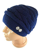 Шапка жіноча в'язана косами з прикрасою зимова тепла Об'ємні шапки крупної в’язки осінь зима Синій