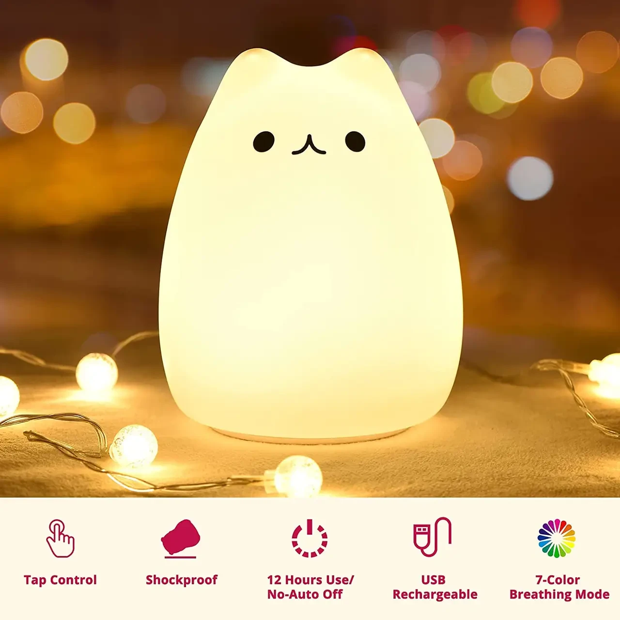 Ночник детский силиконовый Cat мягкий Котик светильник аккумуляторный, LED сенсорное управление Белый - фото 9 - id-p2000071637