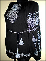 Вишиванка жіноча "Талісман" на чорному шифоні, блуза вишита білими та сірими нитками, машинна вишивка