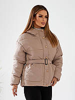Куртка демісезона жіноча на поясі батал арт. 332 колір коричневий / кава