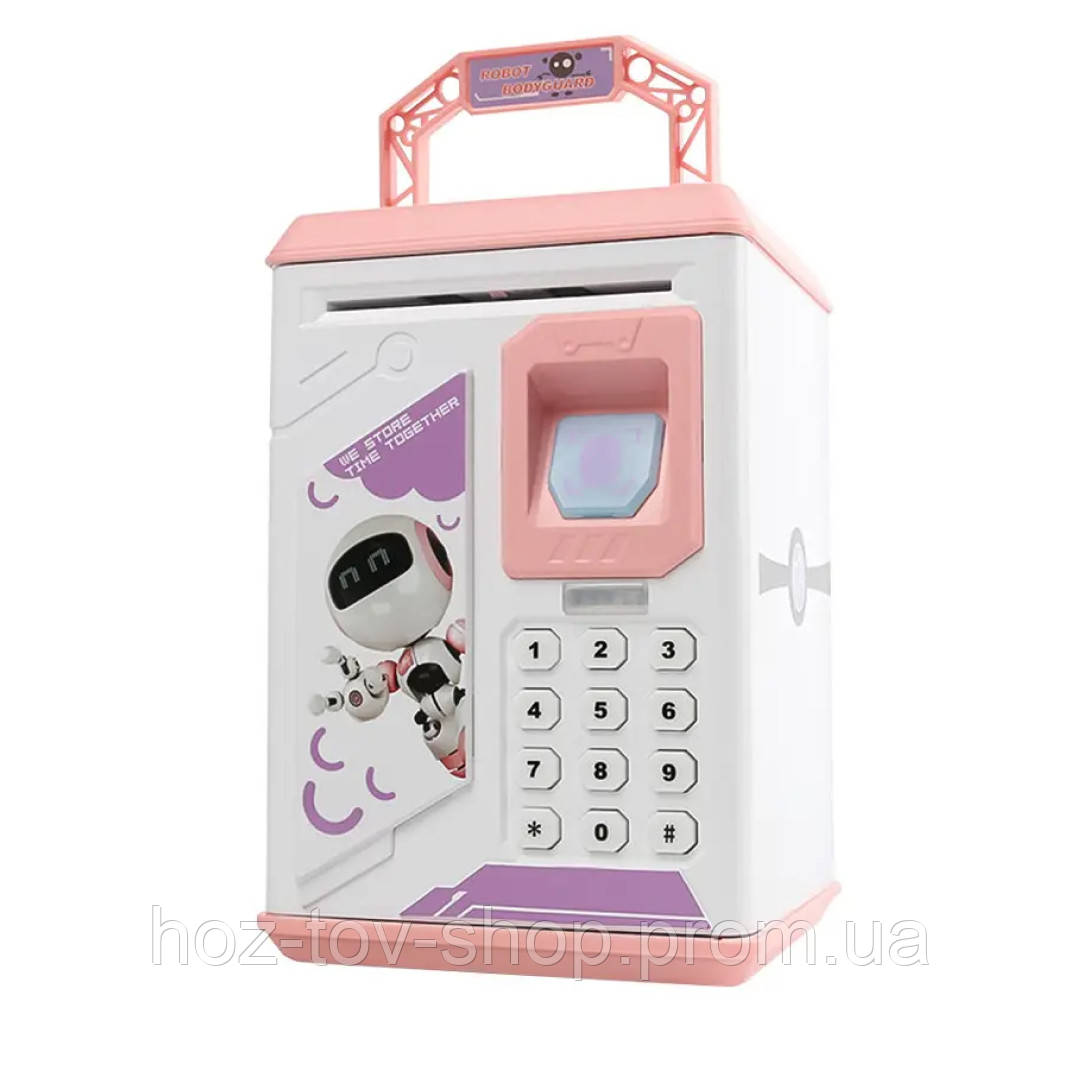 Сейф скарбничка електронна дитяча музична з купюроприймачем кодовим замком та відбитком пальця Рожевий