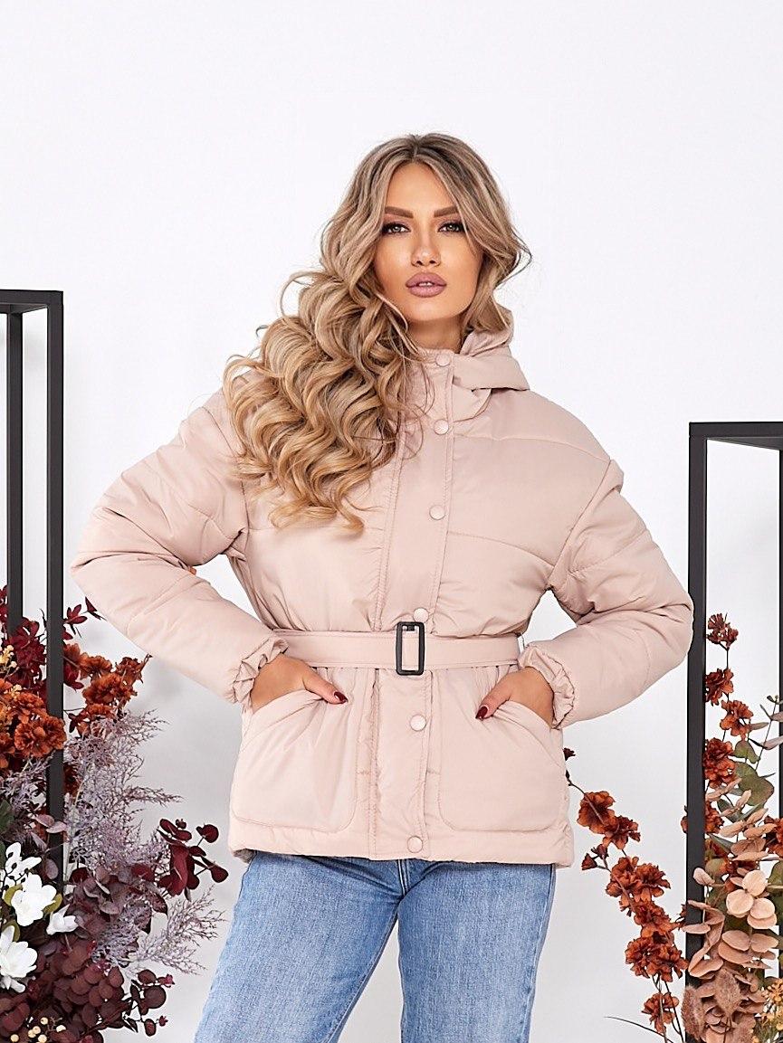 Куртка демісезона жіноча на поясі батал арт. 332 колір бежева пудра