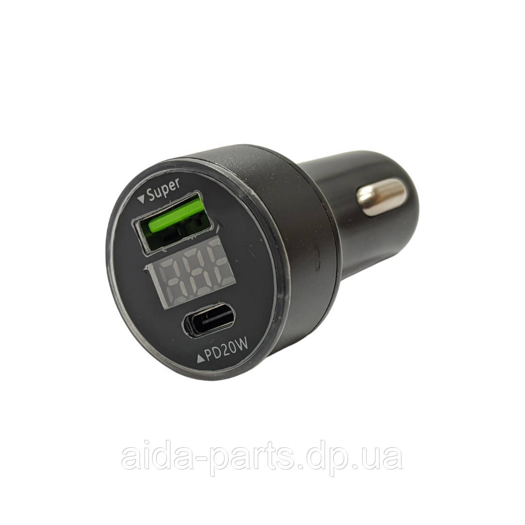 Зарядка в Прикурювач з Вольтметром 12-24 V 2 порти USB 3.1 A (1 QC + 1PD)