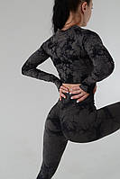 Фитнес-костюм мраморный (рашгард + лосинки) черный бесшовный тай дай с пуш-ап (двойка) M, Серый