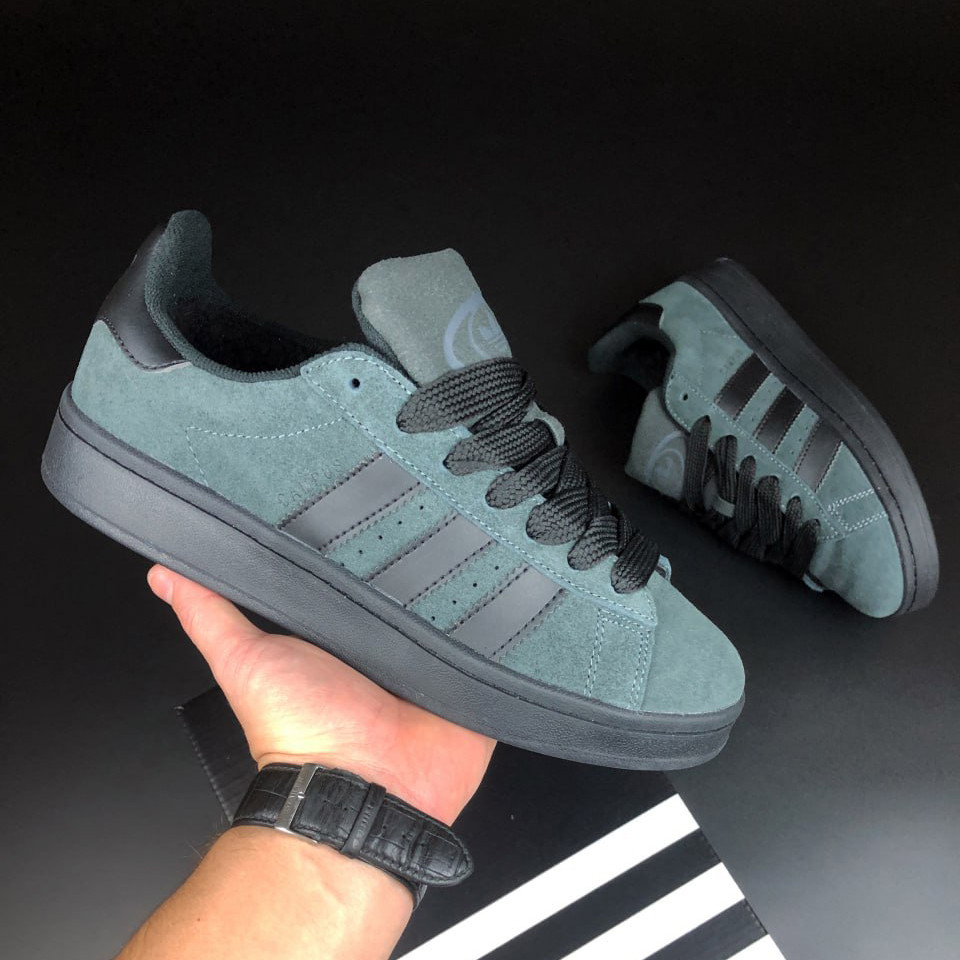 Чоловічі зимові кросівки Adidas Campus замшеві молодіжні на хутрі сірі чорні