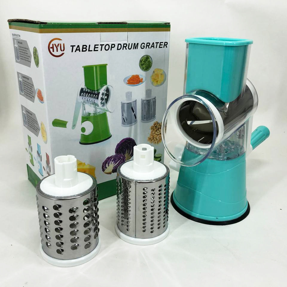 Овочерізка мультислайсер Tabletop Drum Grater Kitchen Master Терка для овочів та фруктів 3 насадки. Колір: блакитний, фото 1
