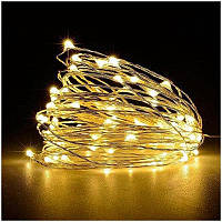Гірлянда роса на батарейках + USB, 20 метрів, 200 LED на дроті, колір світіння теплий білий