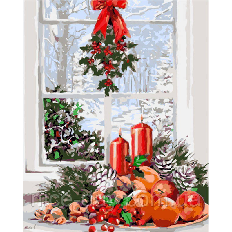 Картина за номерами Strateg ПРЕМІУМ Зима за вікном з лаком та з рівнем розміром 40х50 см (GS1565)