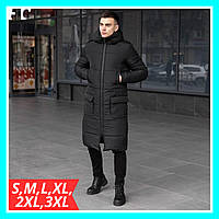 Теплая стильная зимняя длинная мужская куртка парка черная, Модная мужская куртка пуховик с капюшоном на зиму