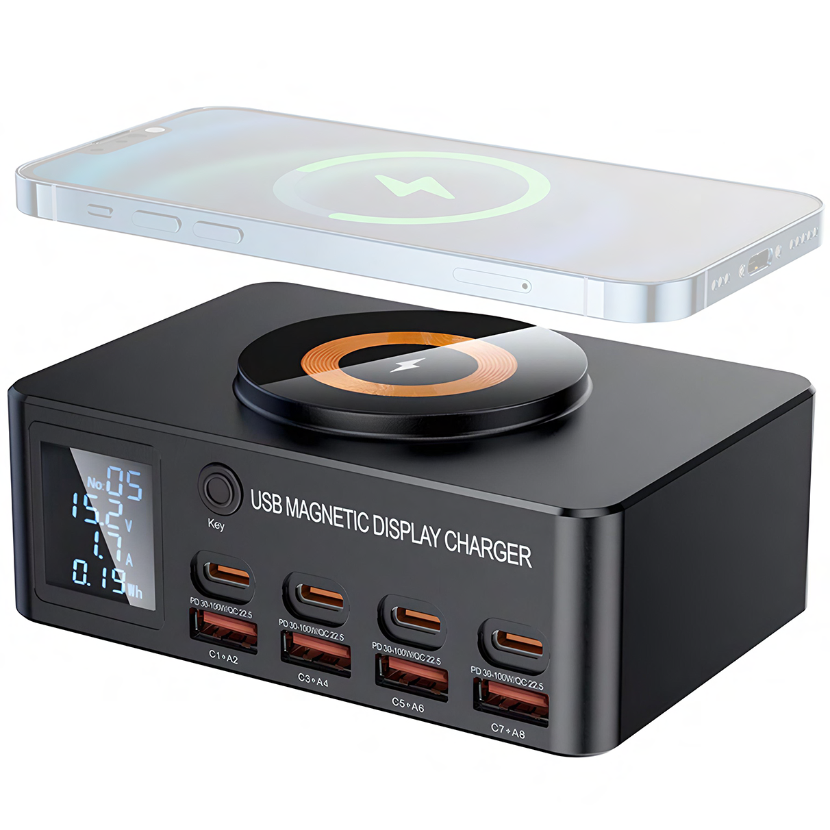 Зарядна док-станція 140W для 9 пристроїв Addap MCS-818DP | 4 роз'єми Type-C PD 100W + 4 роз'єми USB QC3.0 + бездротова панель,