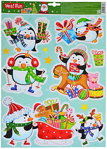 Новорічні наліпки на вікна Yes! Fun 41х29 см Пінгвіни з подарунками