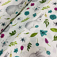 Ткань поплин кролики с зелеными и бирюзовыми цветочками на белом (ТУРЦИЯ шир. 2,4 м) (R-SA-0230)