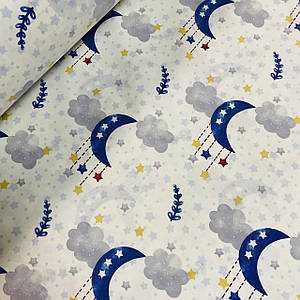 Тканина поплін синій місяць із сіро-жовтими зірками на білому (ТУРЦІЯ шир. 2,4 м) (R-SA-0234)