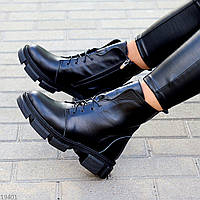 Черные женские повседневные деми ботинки натуральная кожа низкий ход