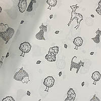 Ткань поплин нарисованные серые животные с деревьями и листиками на белом (ТУРЦИЯ шир. 2,4 м) (R-N-0716)