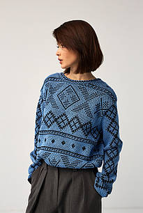 Джемпер синій oversize в українському стилі "Заріна", жіночий светр з орнаментом