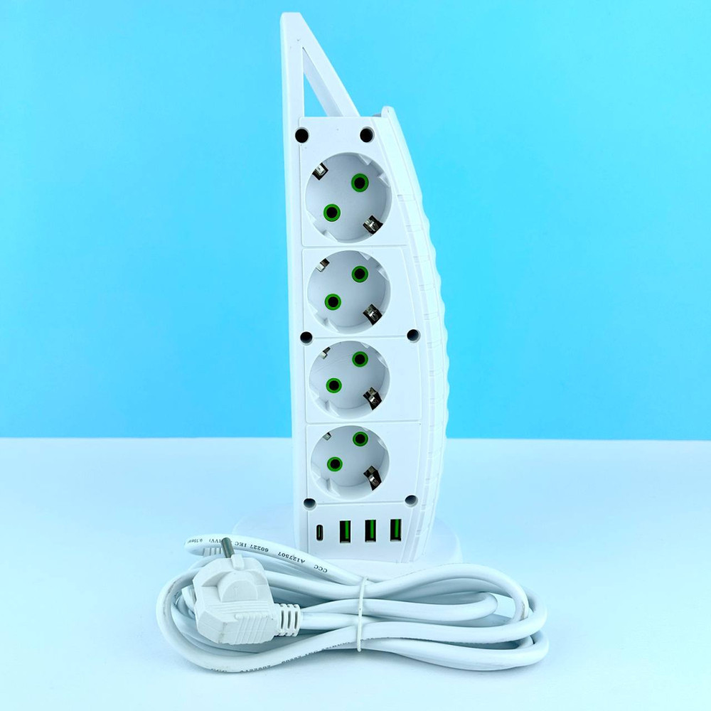 Подовжувач мережевий переноска 2 метри POWER SOCKET F14 на 8 розеток +3USB +1Type-C Білий