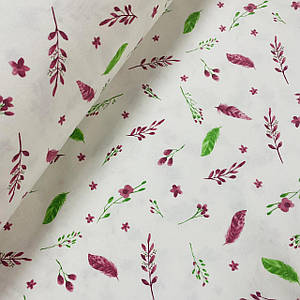 Фланелева тканина рожеві квіточки та гілочки із зеленими листочками на білому (шир. 2,4 м) (FL-N-0364)