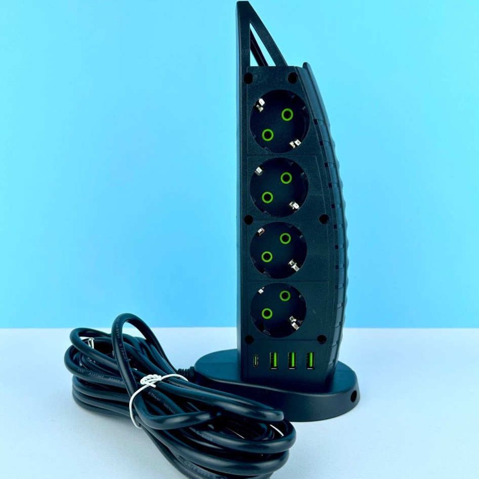 Подовжувач мережевий переноска 4 метри POWER SOCKET F14 на 8 розеток +3USB +1Type-C Чорний, фото 1