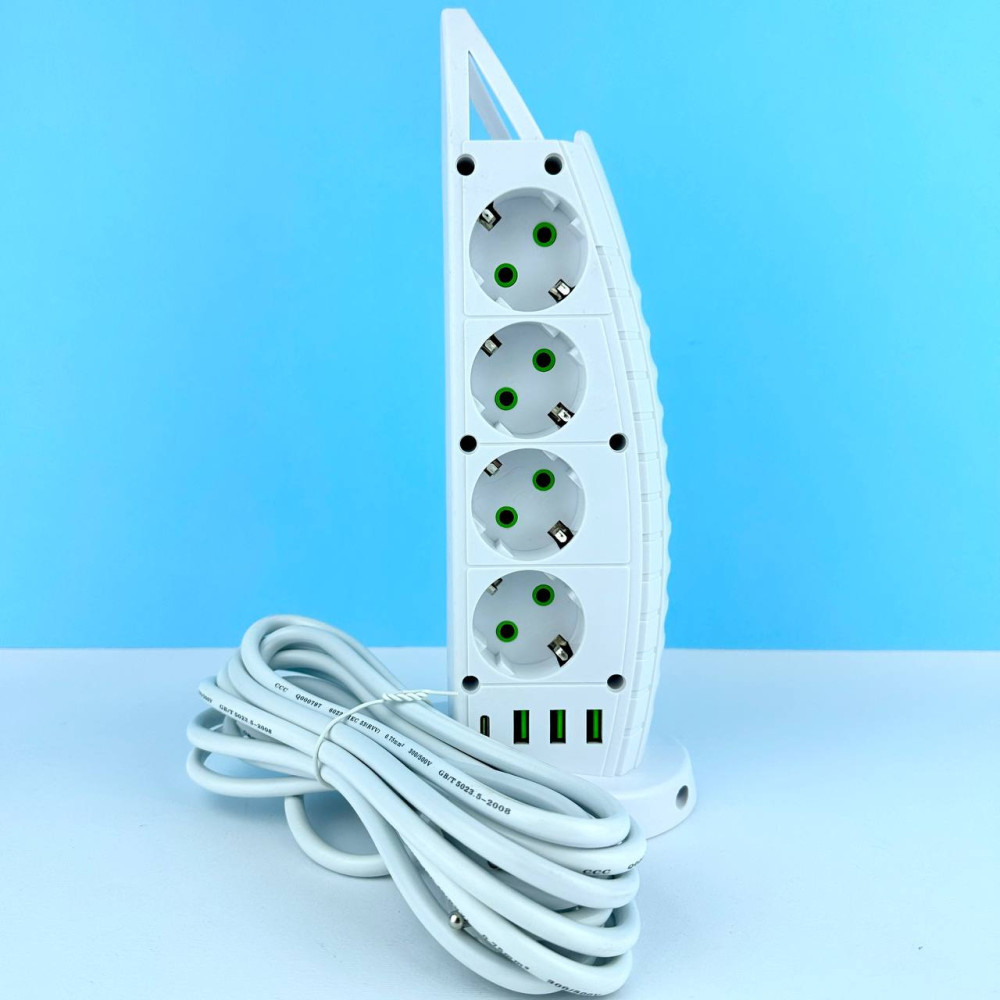 Подовжувач мережевий переноска 4 метри POWER SOCKET F14 на 8 розеток +3USB +1Type-C Білий