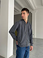 Мужское худи на молнии (серый меланж) молодежная спортивная теплая с капюшоном для парней А1409/1 GREY/BLUE