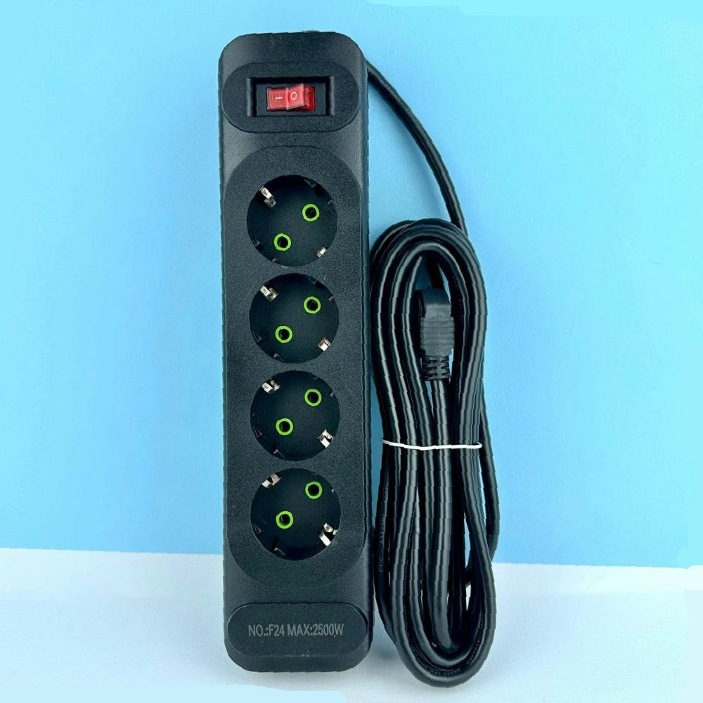 Подовжувач мережевий переноска 2 метри POWER SOCKET F24 на 4 розетки Чорний, фото 1