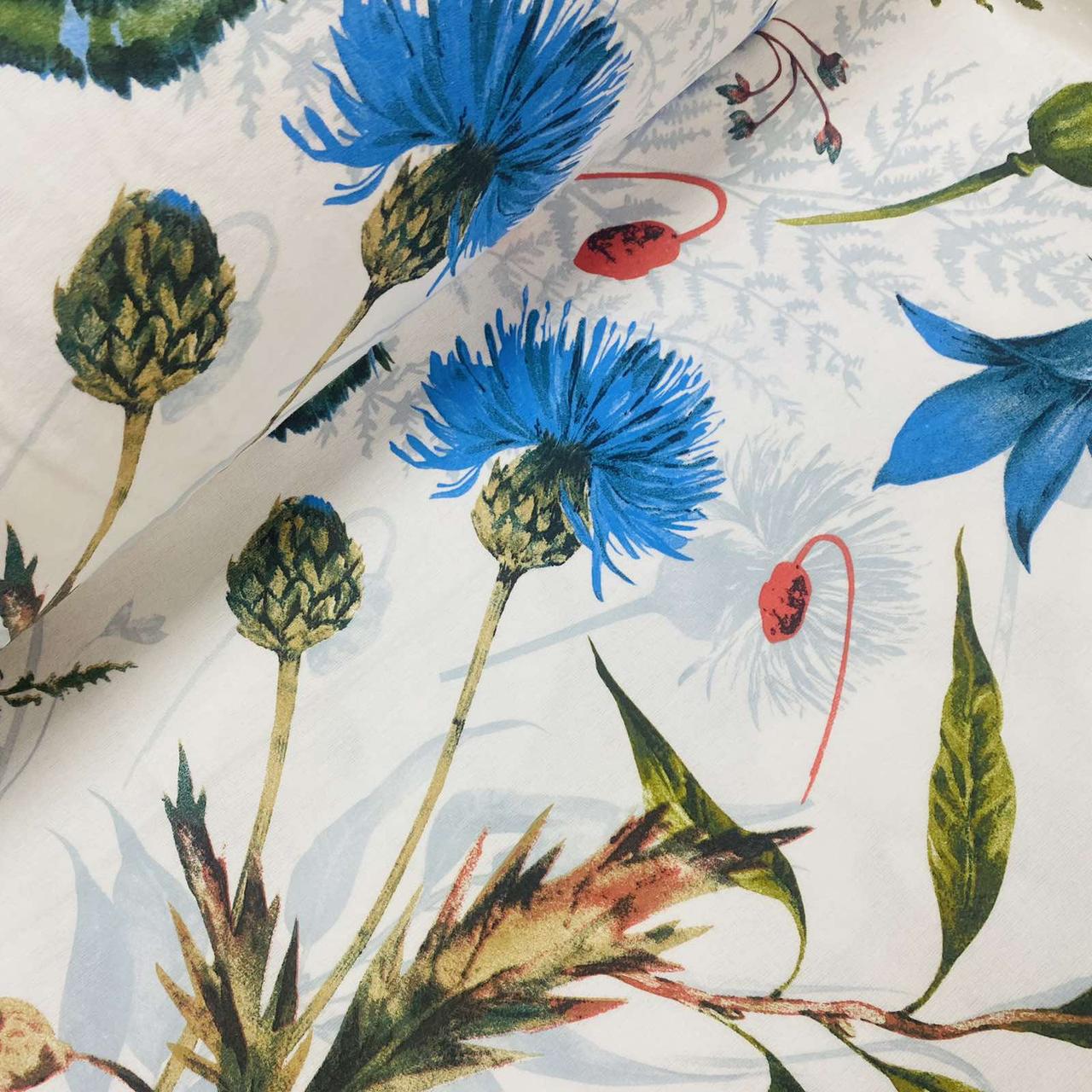 Фланелева тканина блакитні квіточки великі із зеленими листочками на білому (шир. 2,4 м) (FL-N-0367), фото 1