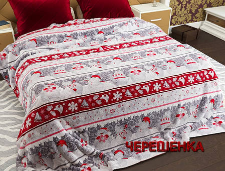 Новорічне полуторне стьобане покривало 160х220 см Сніговички байка / мікрофібра сіре з червоним, фото 1