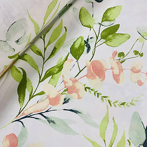 Фланелева тканина великі пудрові квіти із зеленими гілочками (шир. 2,4 м) (FL-N-0370)