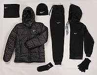 Зимний спортивный костюм мужской Nike + Куртка зимняя мужская Найк + Шапка + Бафф Перчатки Носки черный