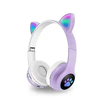 Наушники детские беспроводные Bluetooth с картой памяти Cat Ear B 39M LED Кошачьи ушки с подсветкой Фиолетовый