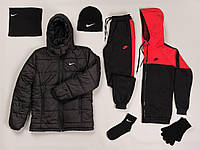 Зимний спортивный костюм мужской Nike + Куртка зимняя мужская Найк + Шапка + Бафф Перчатки Носки красный