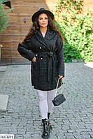 Пальто-кардиган женское классическое стильное осеннее букле на пуговицах с поясом больших размеров 50-60