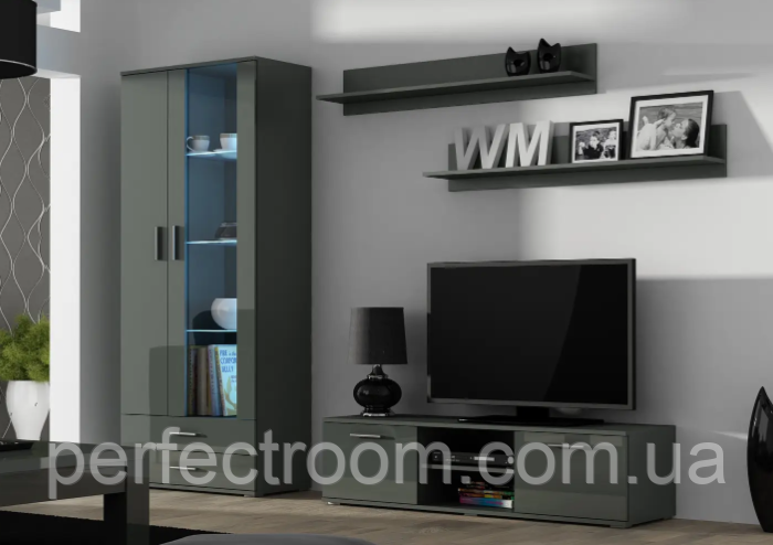 Стінка у вітальню, у зал із тумбою під телевізор Soho 11 Cama Mebel 192/220/43 см. Сирій мат/Сірій глянець