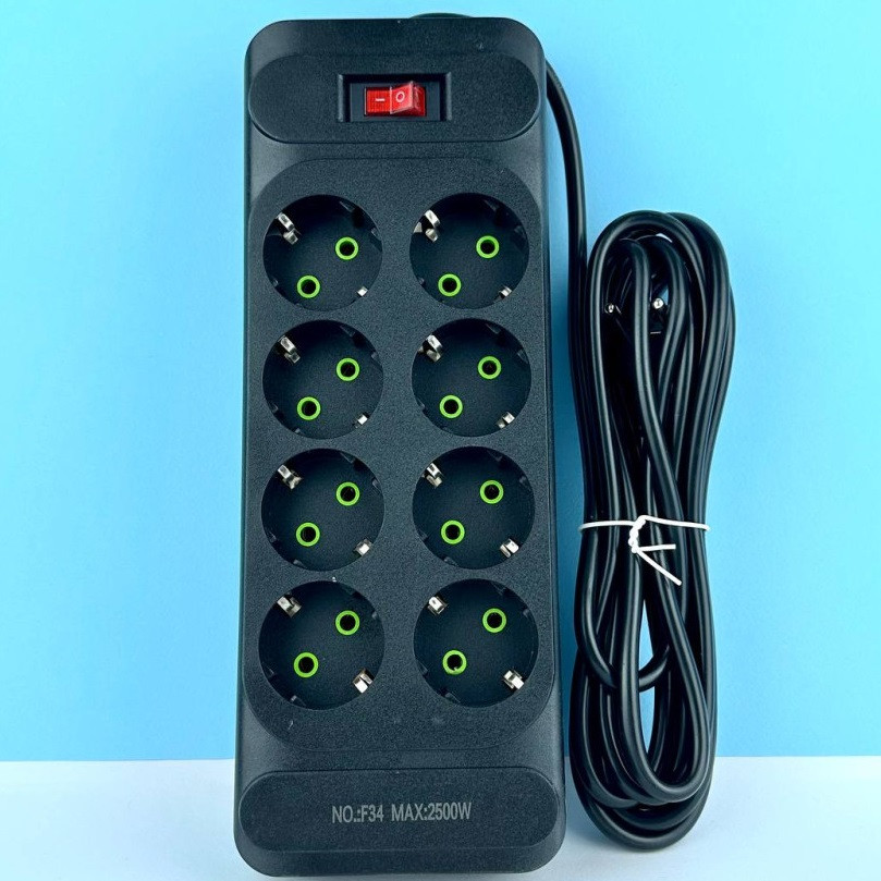 Подовжувач мережевий переноска 2 метри POWER SOCKET F34 на 8 розеток Чорний