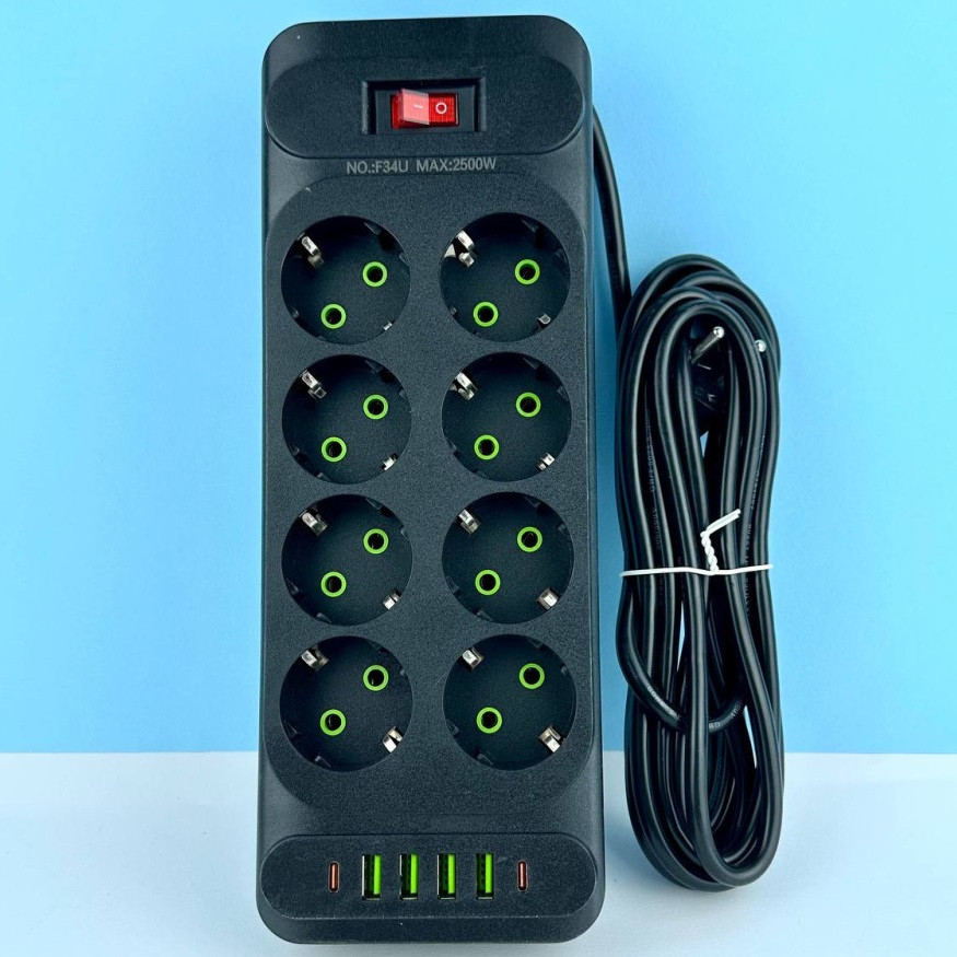 Подовжувач мережевий переноска 2 метри POWER SOCKET F34U на 8 розеток +4USB +2Type-C Чорний