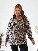 Рубашка женская теплая флисовая прогулочная с леопардовым принтом с капюшоном больших размеров 50-58