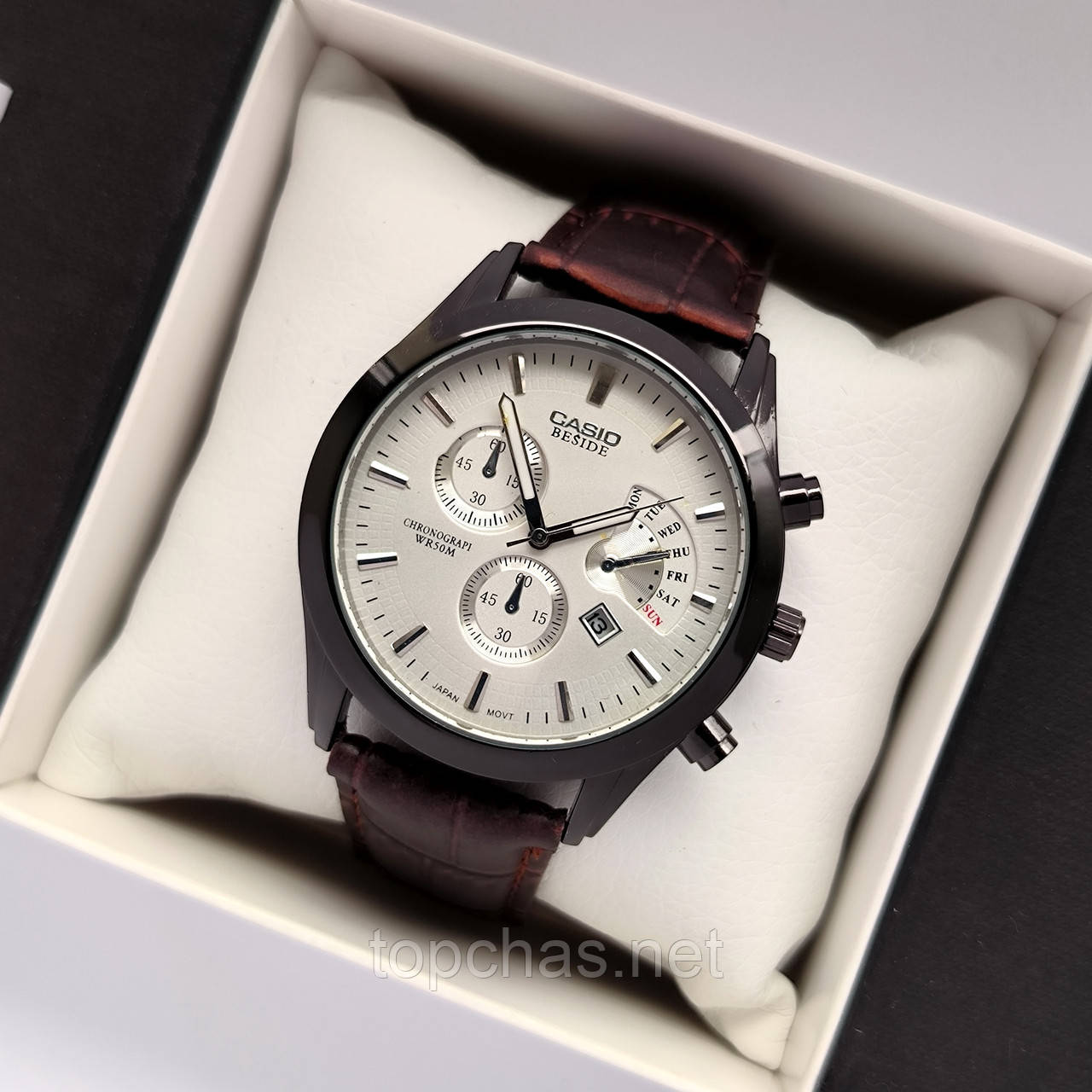 Чорний чоловічий годинник Casio (Касіо) з коричневим ремінцем і білим циферблатом, дата - код 2338