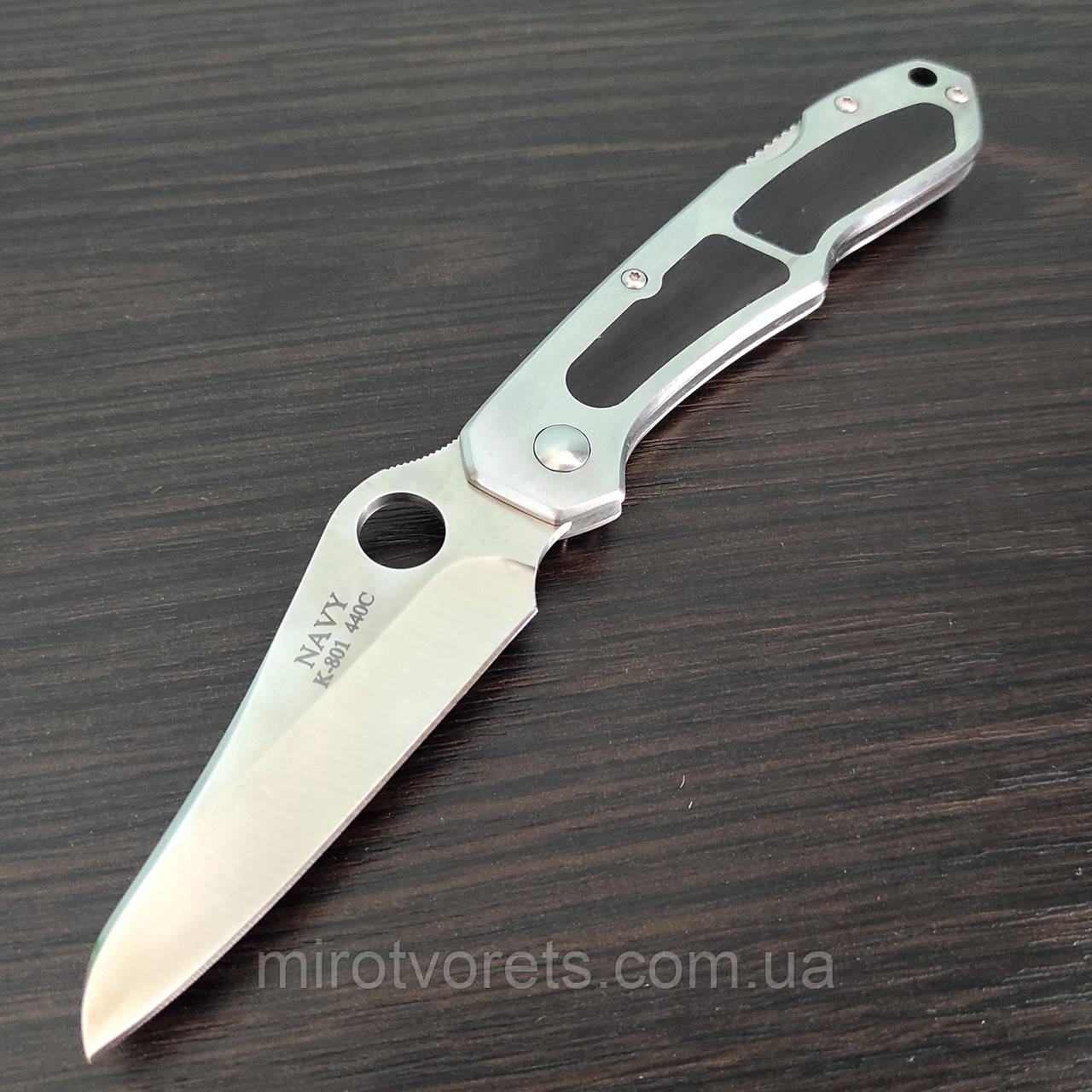 Ніж складаний NAVY K-801, 440C, Back lock, сталь\дерево (Spyderco), фото 1