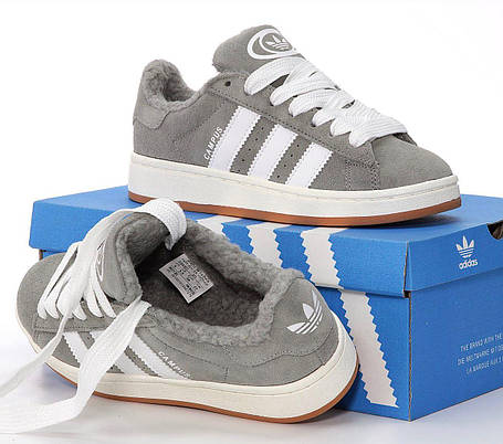 Жіночі та Чоловічі зимові кросівки Adidas Campus 00S Grey Fur Winter Кеди Адідас Кампус Сірі натуральний замш хутро, фото 1