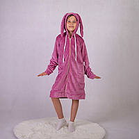 Дитячий махровий халат на блискавці зайчик з вушками однотонний рожевий 36-40.
