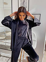 Женская велюровая брючная пижама с футболкой.Домашний базовый костюм (футболка+штаны+халат.)Комплект тройка Черный, 50/52