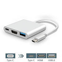 Перехідник адаптер 3в1 з Type-C (Type-C(PD) зарядка/HDMI/USB 3.0) з передачею зображення 4K, хаб