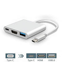 Переходник адаптер 3в1 с Type-C на (Type-C(PD) зарядка/ HDMI/ USB 3.0) с передачей изображения 4K, хаб