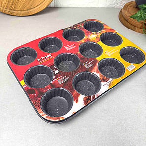 Форма для випікання на 12 кексів з антипригарним покриттям 35*26*3см 1145 А-Плюс, фото 1
