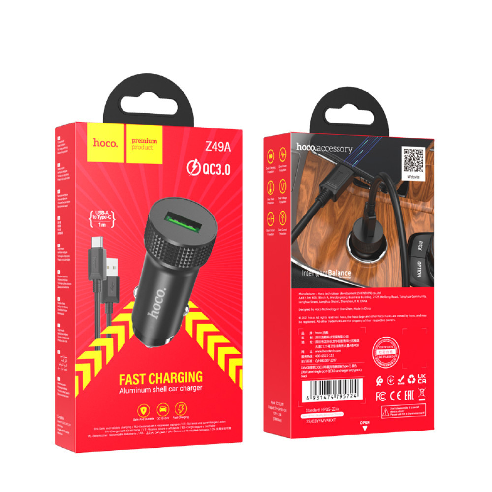 Автомобільний зарядний пристрій Hoco Z49A QC3.0 18 W + кабель USB Type-C Black