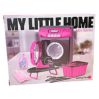 Дитяча іграшкова пральна машина, рожева, підсвічування, 3 режими, обертається барабан, кошик, праска, аксесуари, в кор.26*10*21см, фото 4